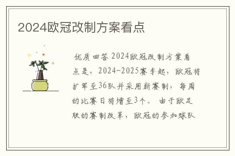 2024欧冠改制方案看点