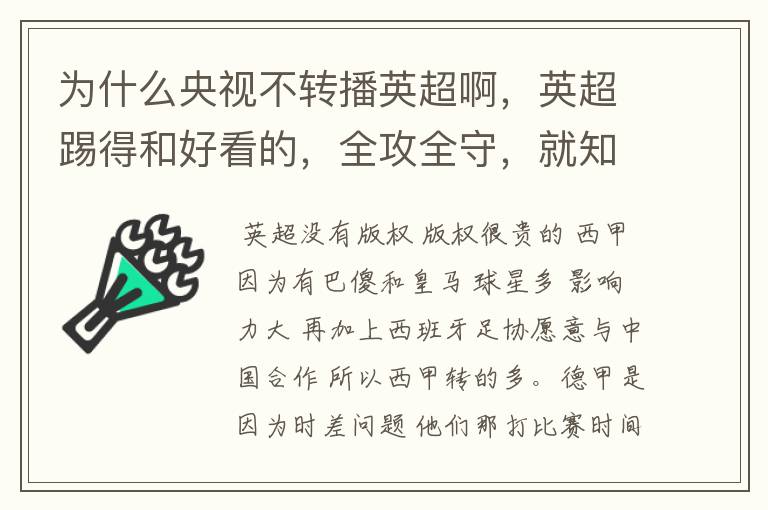 为什么央视不转播英超啊,英超踢得和好看的,全攻全守,就知道转西甲。郁闷的是德甲很少人看啊,转的最多