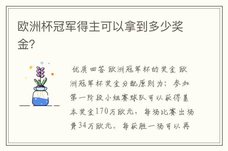 欧洲杯冠军得主可以拿到多少奖金?