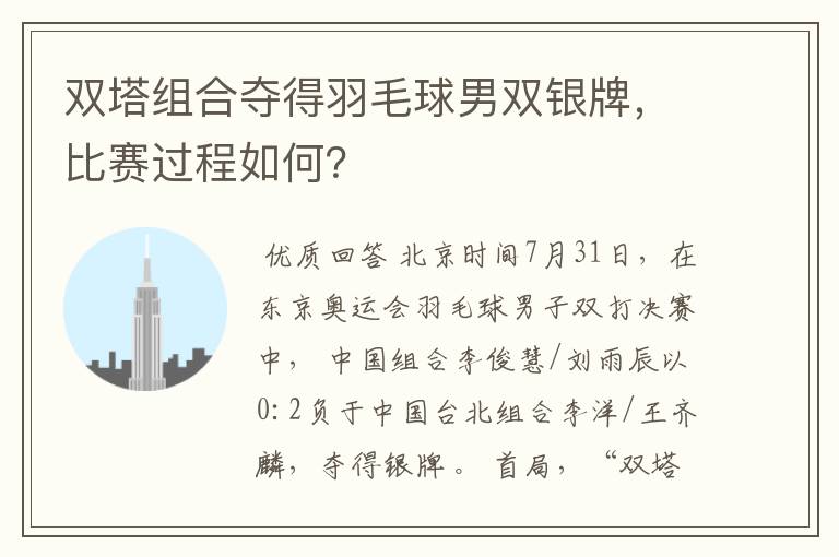 双塔组合夺得羽毛球男双银牌,比赛过程如何?
