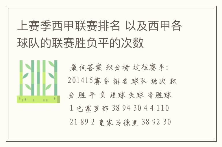 上赛季西甲联赛排名 以及西甲各球队的联赛胜负平的次数