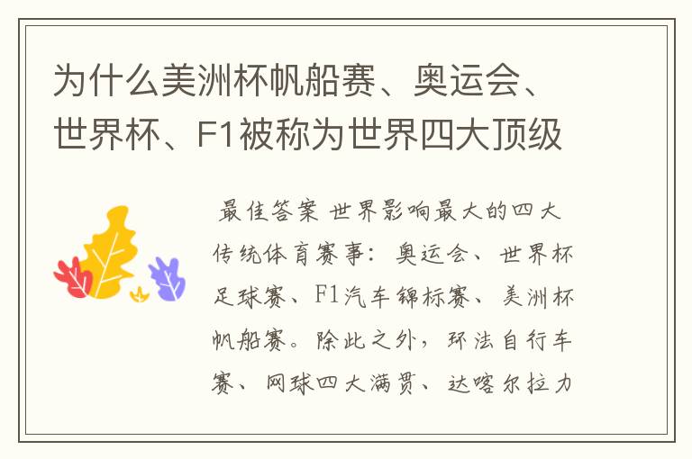 为什么美洲杯帆船赛、奥运会、世界杯、F1被称为世界四大顶级体育赛事,就是说评判的具体标准是什么?