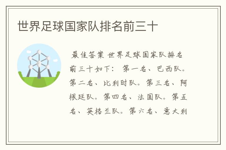 世界足球国家队排名前三十