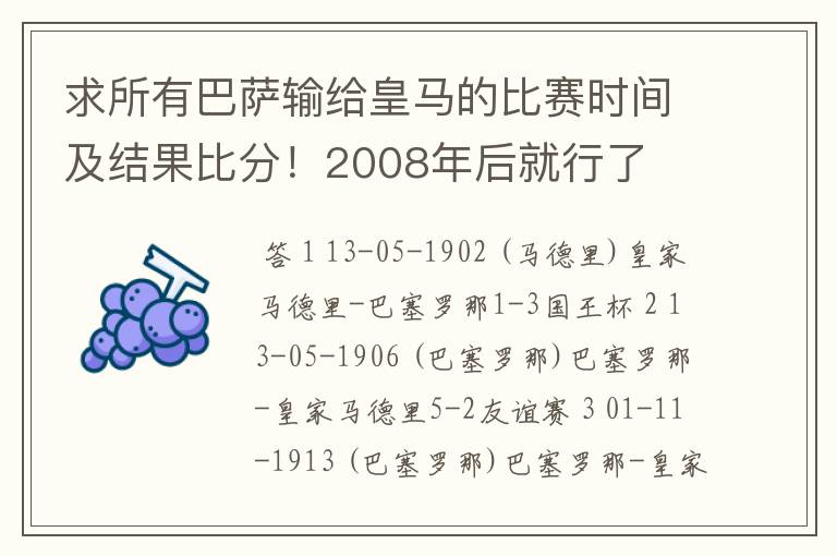 求所有巴萨输给皇马的比赛时间及结果比分!2008年后就行了