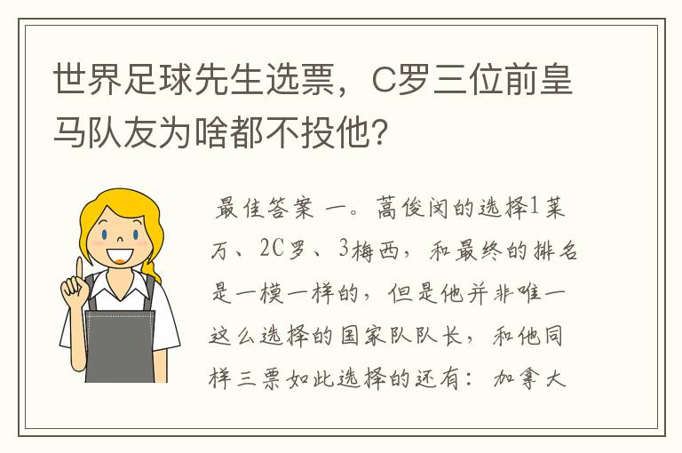 世界足球先生选票,C罗三位前皇马队友为啥都不投他?