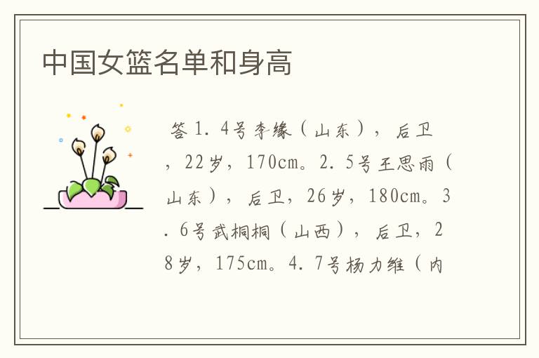 中国女篮名单和身高