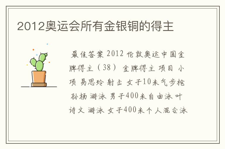 2012奥运会所有金银铜的得主