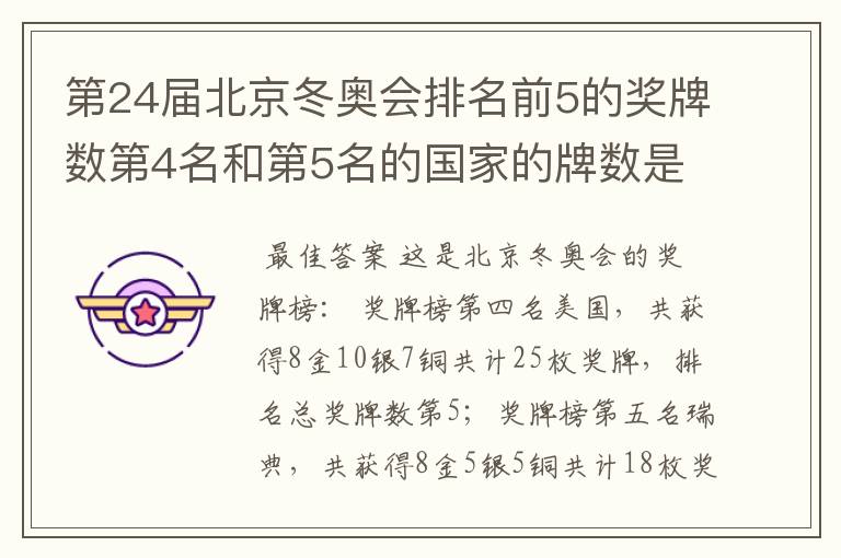 第24届北京冬奥会排名前5的奖牌数第4名和第5名的国家的牌数是多少?