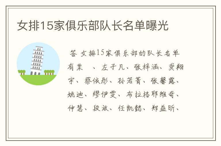女排15家俱乐部队长名单曝光