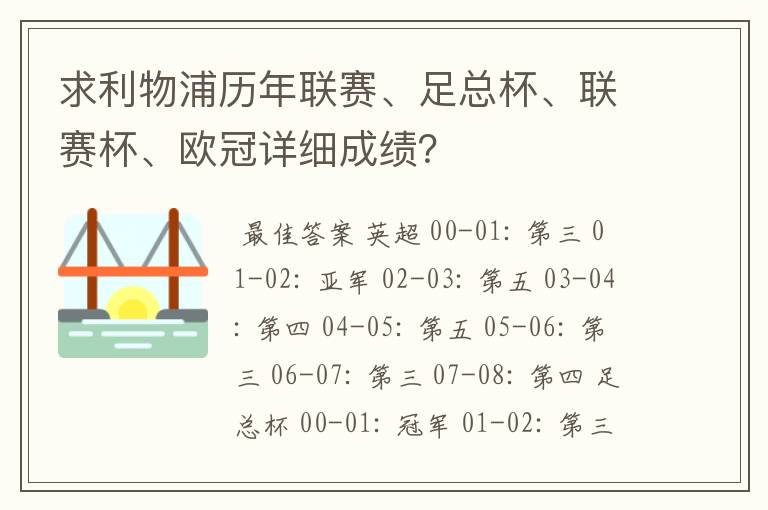 求利物浦历年联赛、足总杯、联赛杯、欧冠详细成绩？