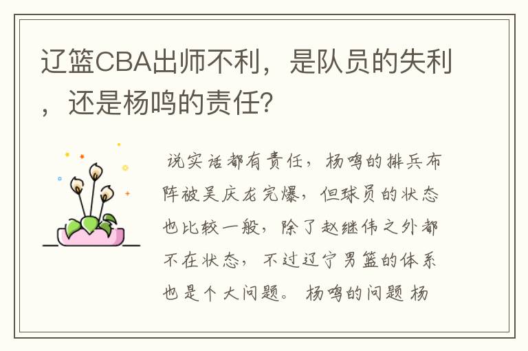 辽篮CBA出师不利,是队员的失利,还是杨鸣的责任?