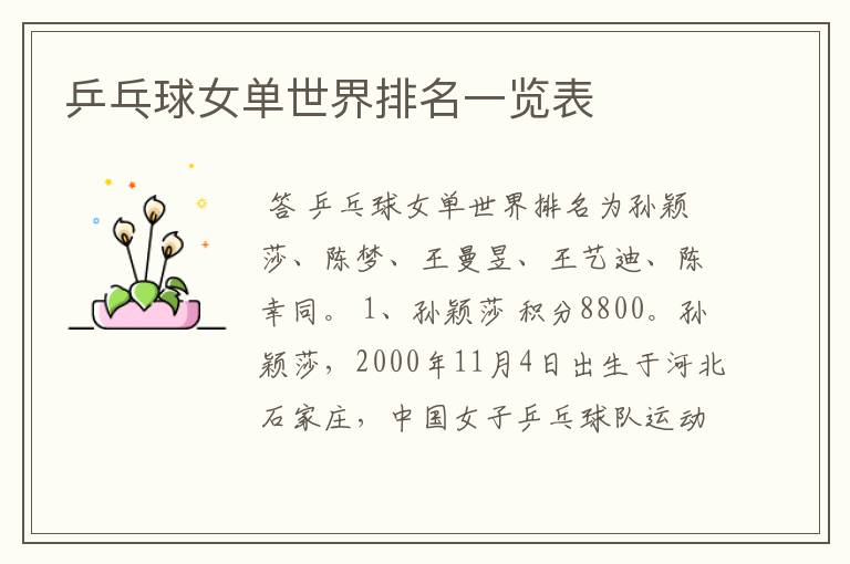 乒乓球女单世界排名一览表