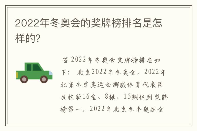 2022年冬奥会的奖牌榜排名是怎样的?