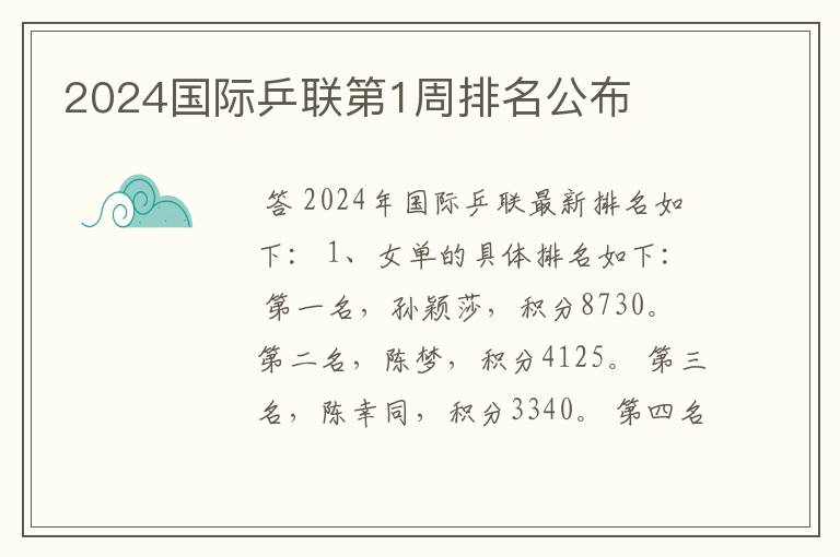 2024国际乒联第1周排名公布