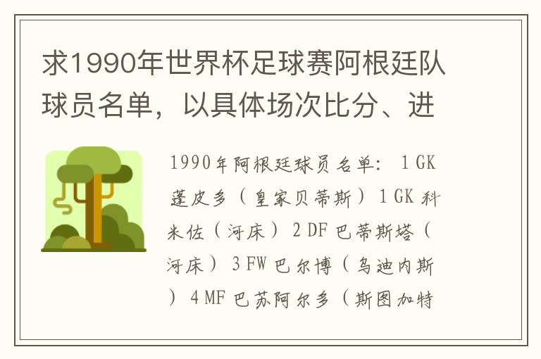 求1990年世界杯足球赛阿根廷队球员名单,以具体场次比分、进球者