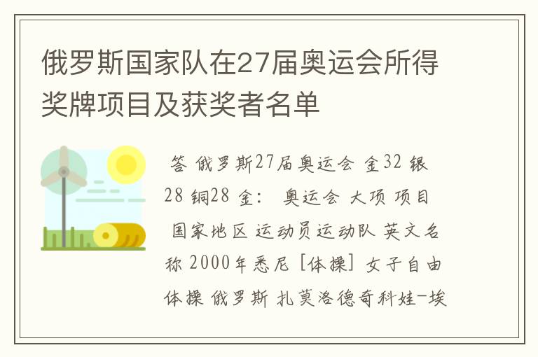 俄罗斯国家队在27届奥运会所得奖牌项目及获奖者名单