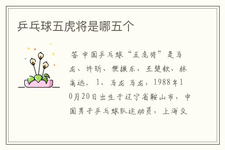 乒乓球五虎将是哪五个