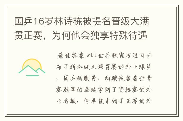 国乒16岁林诗栋被提名晋级大满贯正赛,为何他会独享特殊待遇?