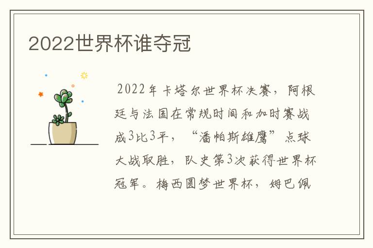 2022世界杯谁夺冠