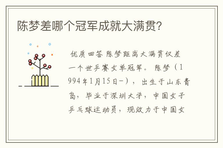 陈梦差哪个冠军成就大满贯?