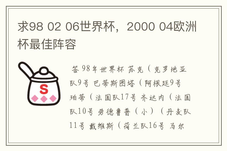 求98 02 06世界杯,2000 04欧洲杯最佳阵容