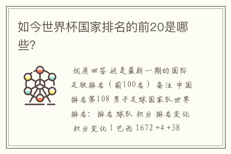 如今世界杯国家排名的前20是哪些?