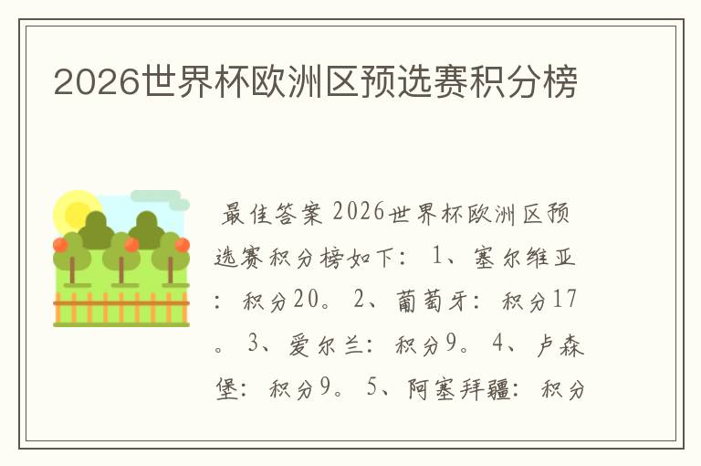 2026世界杯欧洲区预选赛积分榜
