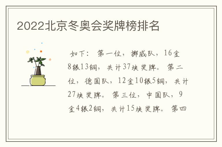 2022北京冬奥会奖牌榜排名