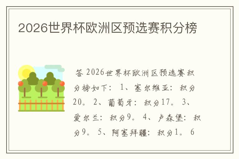 2026世界杯欧洲区预选赛积分榜
