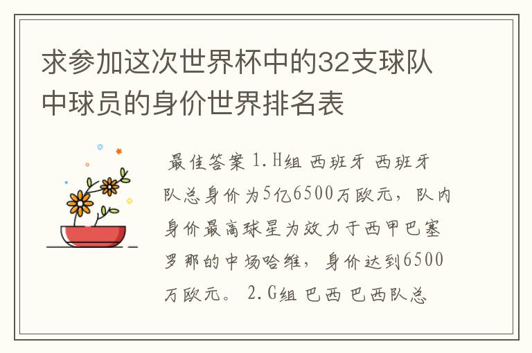 求参加这次世界杯中的32支球队中球员的身价世界排名表