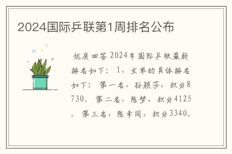 2024国际乒联第1周排名公布