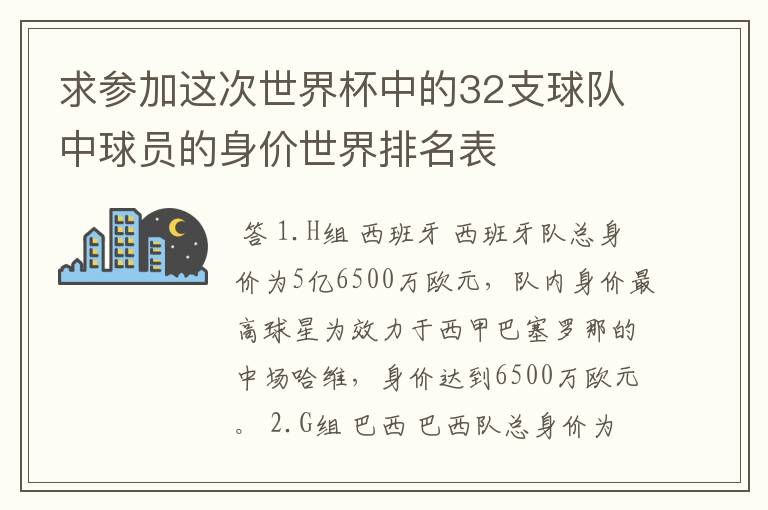 求参加这次世界杯中的32支球队中球员的身价世界排名表