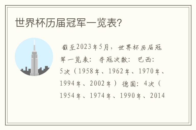 世界杯历届冠军一览表?