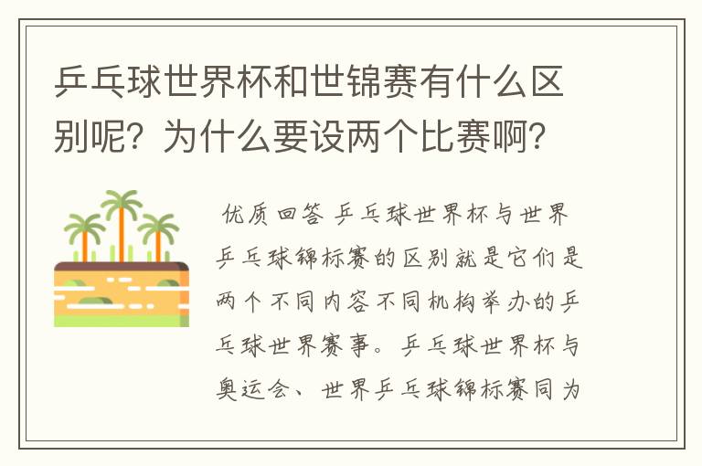 乒乓球世界杯和世锦赛有什么区别呢?为什么要设两个比赛啊?