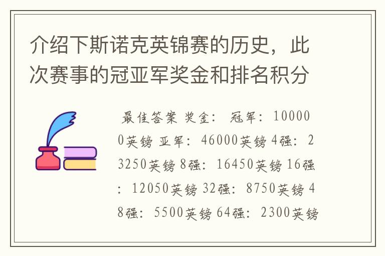 介绍下斯诺克英锦赛的历史,此次赛事的冠亚军奖金和排名积分各是多少?