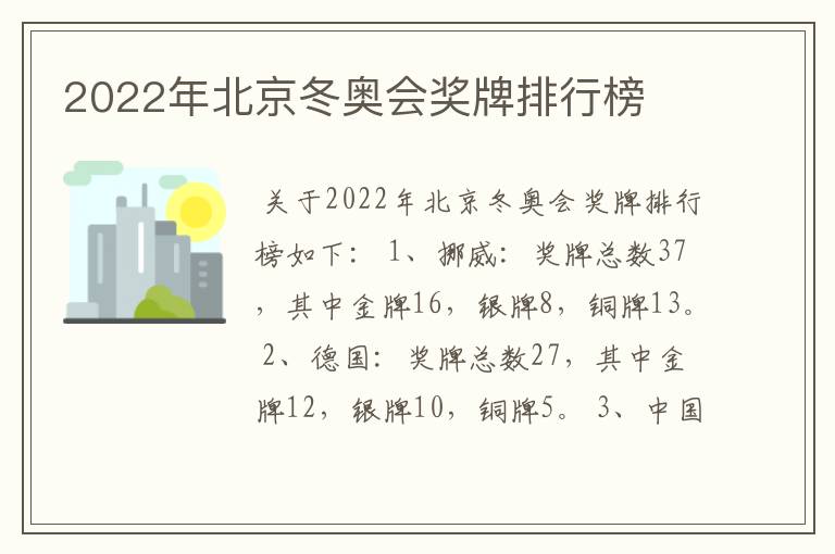 2022年北京冬奥会奖牌排行榜