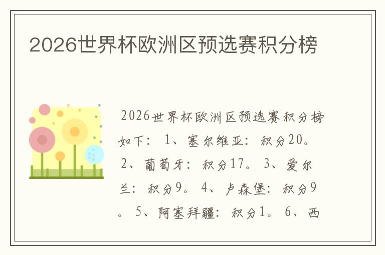 2026世界杯欧洲区预选赛积分榜