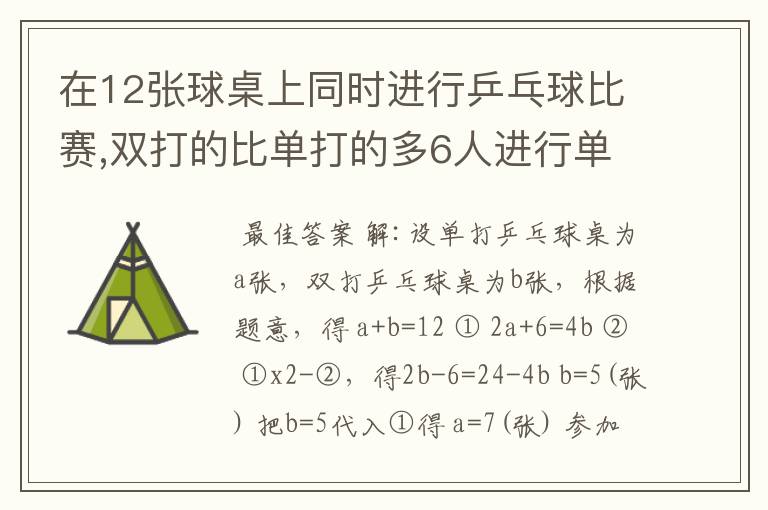 在12张球桌上同时进行乒乓球比赛,双打的比单打的多6人进行单打和双打各多少人?画表格。