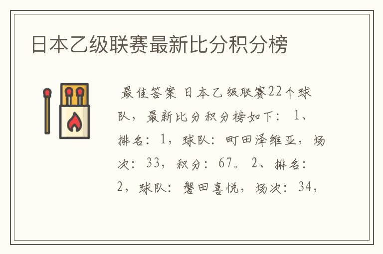 日本乙级联赛最新比分积分榜