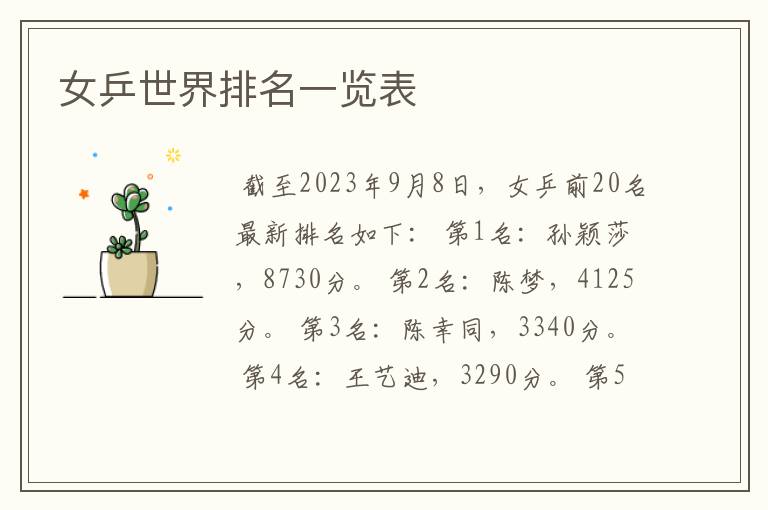 女乒世界排名一览表