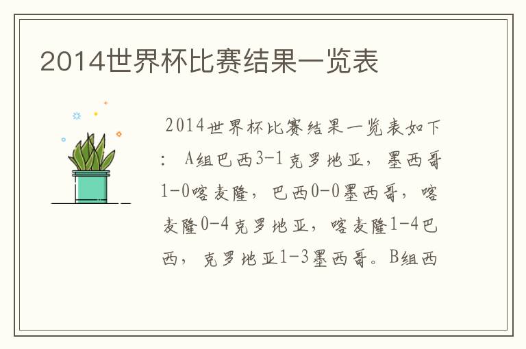 2014世界杯比赛结果一览表