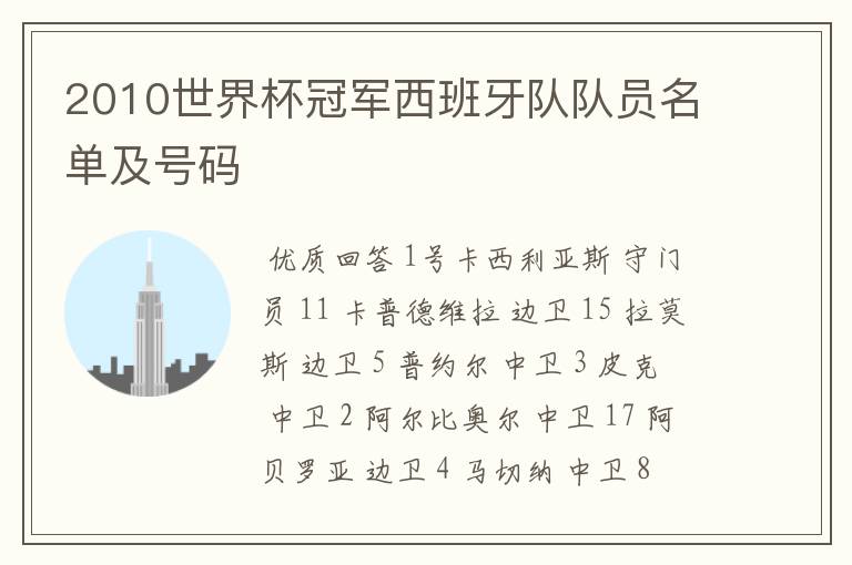 2010世界杯冠军西班牙队队员名单及号码