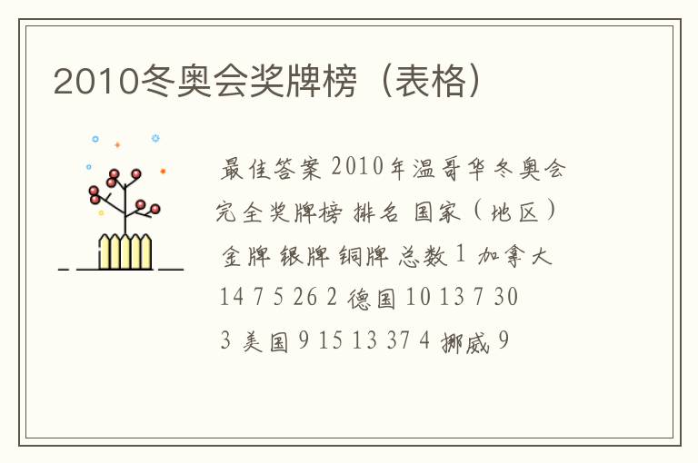 2010冬奥会奖牌榜(表格)