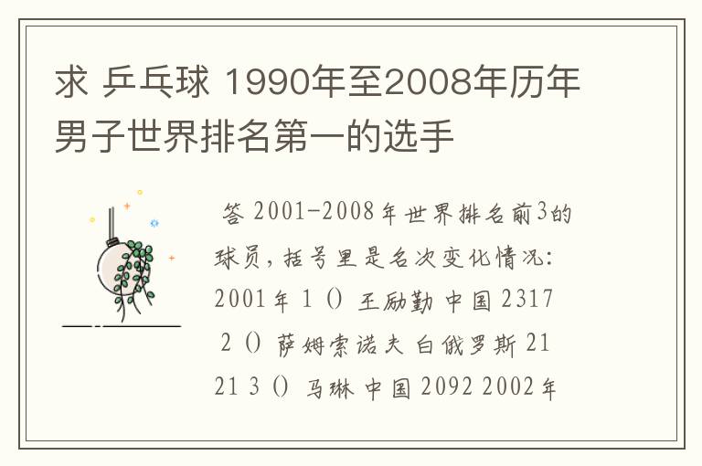 求 乒乓球 1990年至2008年历年男子世界排名第一的选手