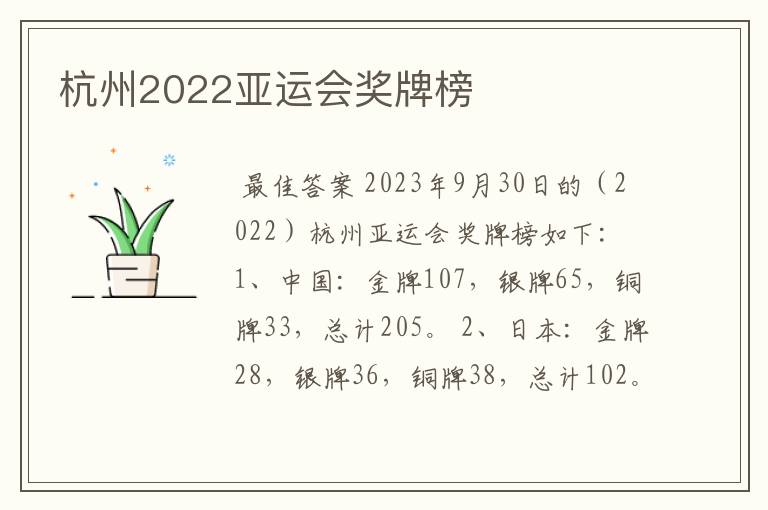 杭州2022亚运会奖牌榜