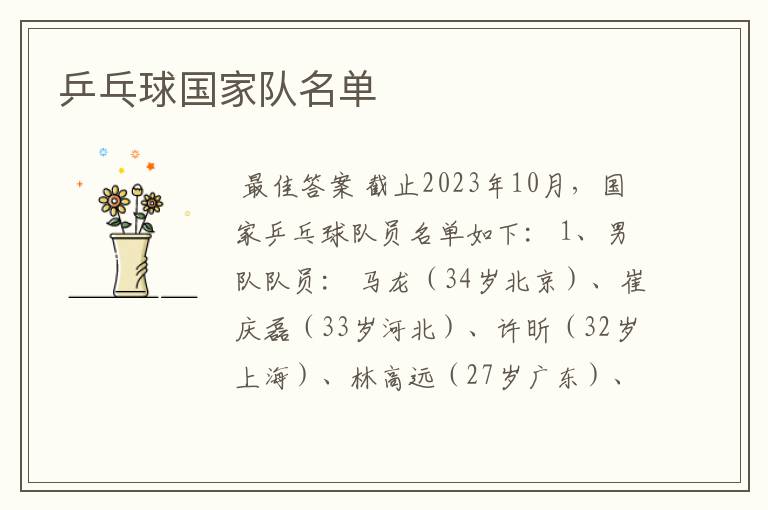 乒乓球国家队名单