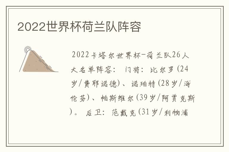 2022世界杯荷兰队阵容