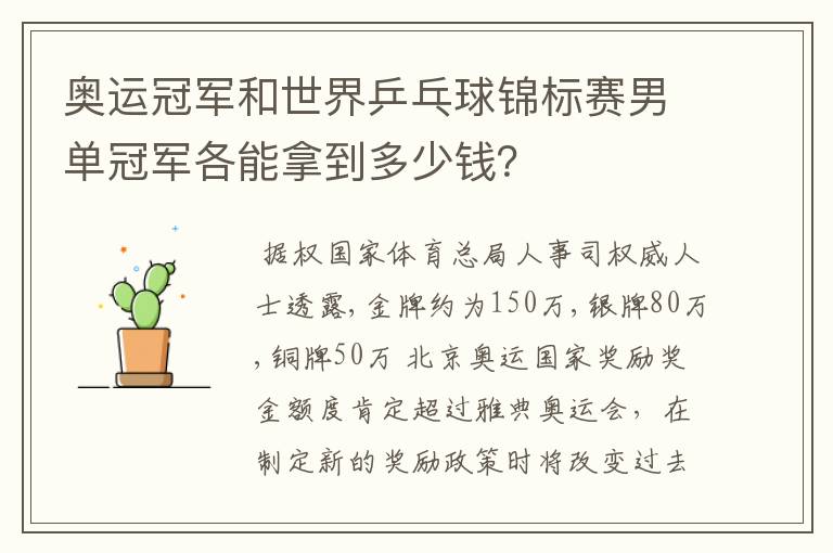 奥运冠军和世界乒乓球锦标赛男单冠军各能拿到多少钱?
