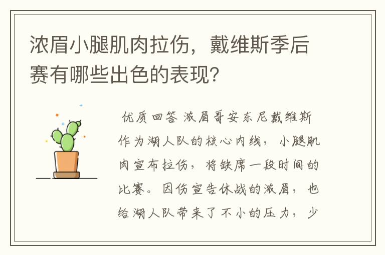 浓眉小腿肌肉拉伤,戴维斯季后赛有哪些出色的表现?