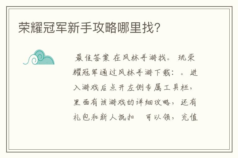 荣耀冠军新手攻略哪里找?